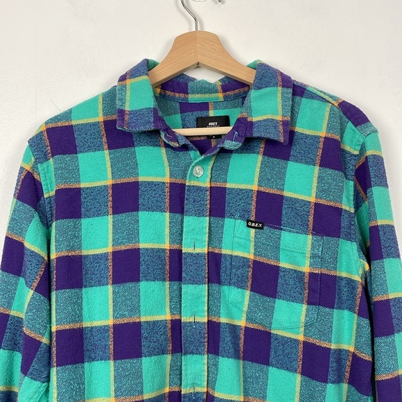OBEY Mens Medium Plaid Green Purple Button Down Shirt One Pocket Casual Shirt - Picture 3 of 10